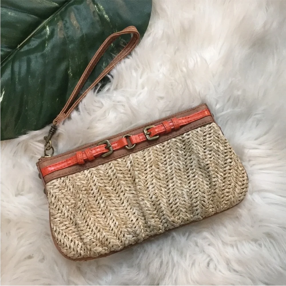 Express Women’s Woven Straw Wrislet Orange Brown Buckle Detail Summer Clutch